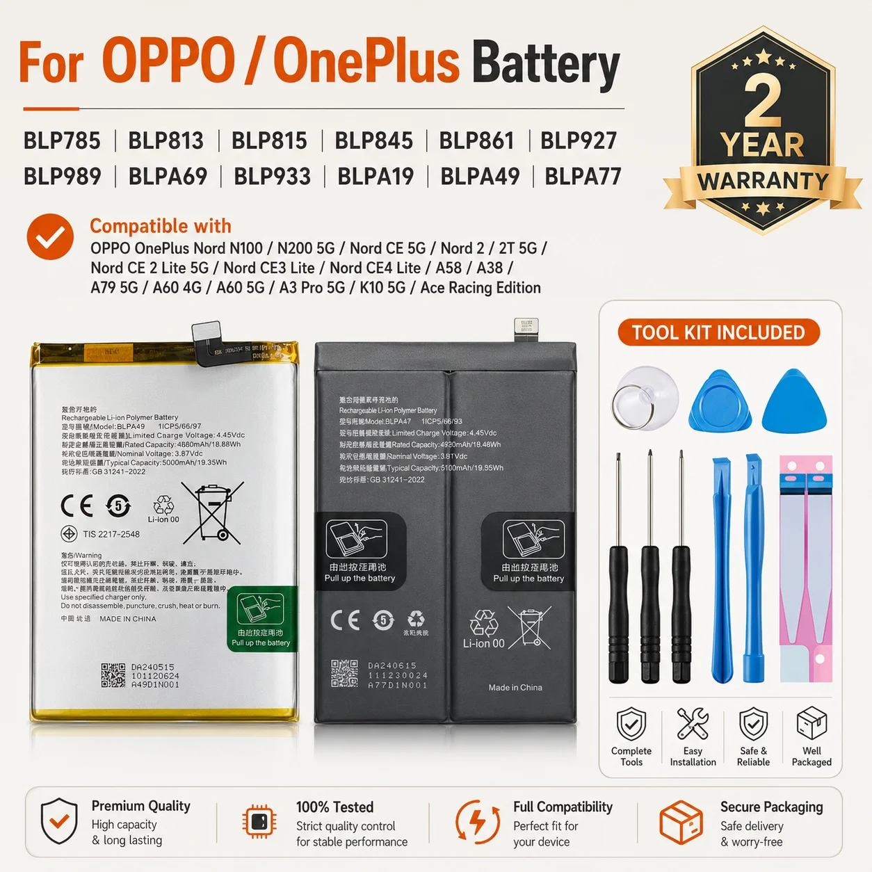 For OPPO OnePlus Nord N10 CE 2 3 4 Lite A60 BLP785 BLP813 BLP815 BLP845 BLP861 BLP927 Phone Replacement Battery Cell Pack