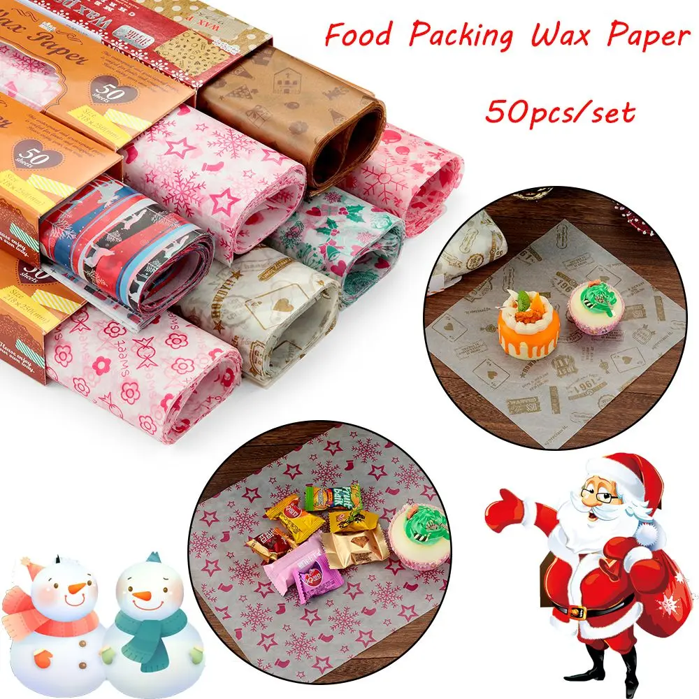 50PCS/Set Kitchen Packaging Merry Christmas Elk Baking Sheet Cake Wrapping Wax Paper Food Packing Waterproof