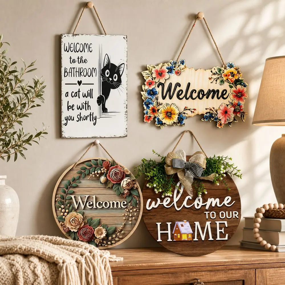New 2D Flat 2D Round Welcome Sign Retro Style Floral Print Round Doorplate Cat Print Warm Home Wall Sign Front Door Decor