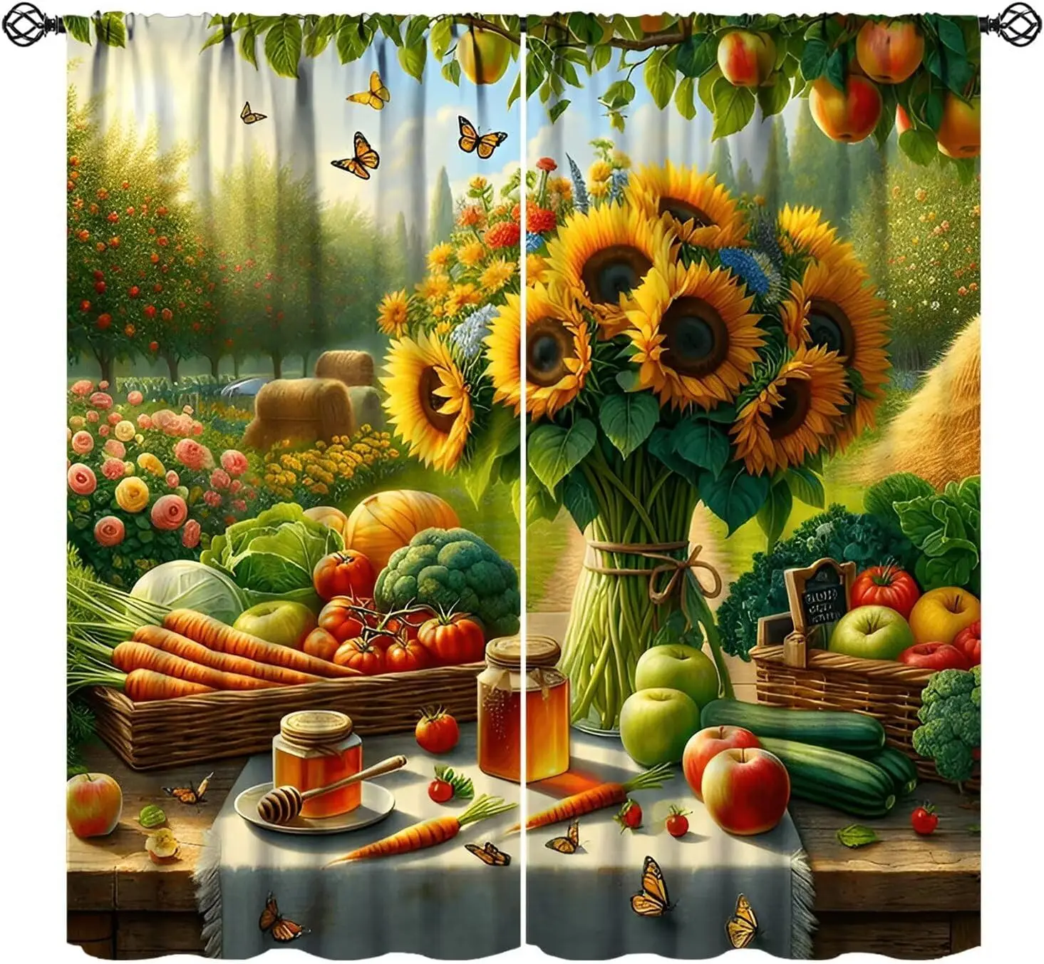 Farmhouse Fruit Garden Curtains, Rustic Vintage Sunflowers Apple Trees Fresh Vegetable Honey Window Curtains for Kitchen Cafe