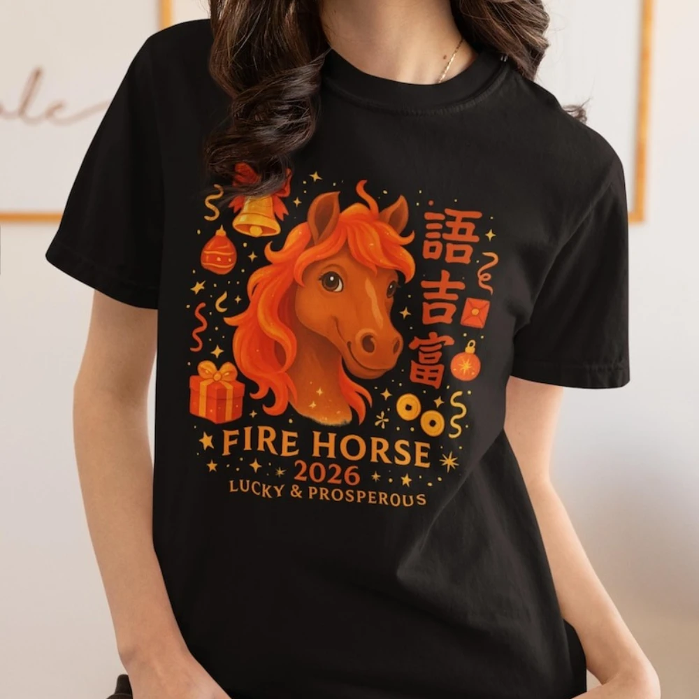 

Funny Chinese New Year Fire Horse 2026 T-Shirt Lucky Zodiac Horse Tee Women Men Perfect Christmas Gift Shirt Casual Cotton Tops