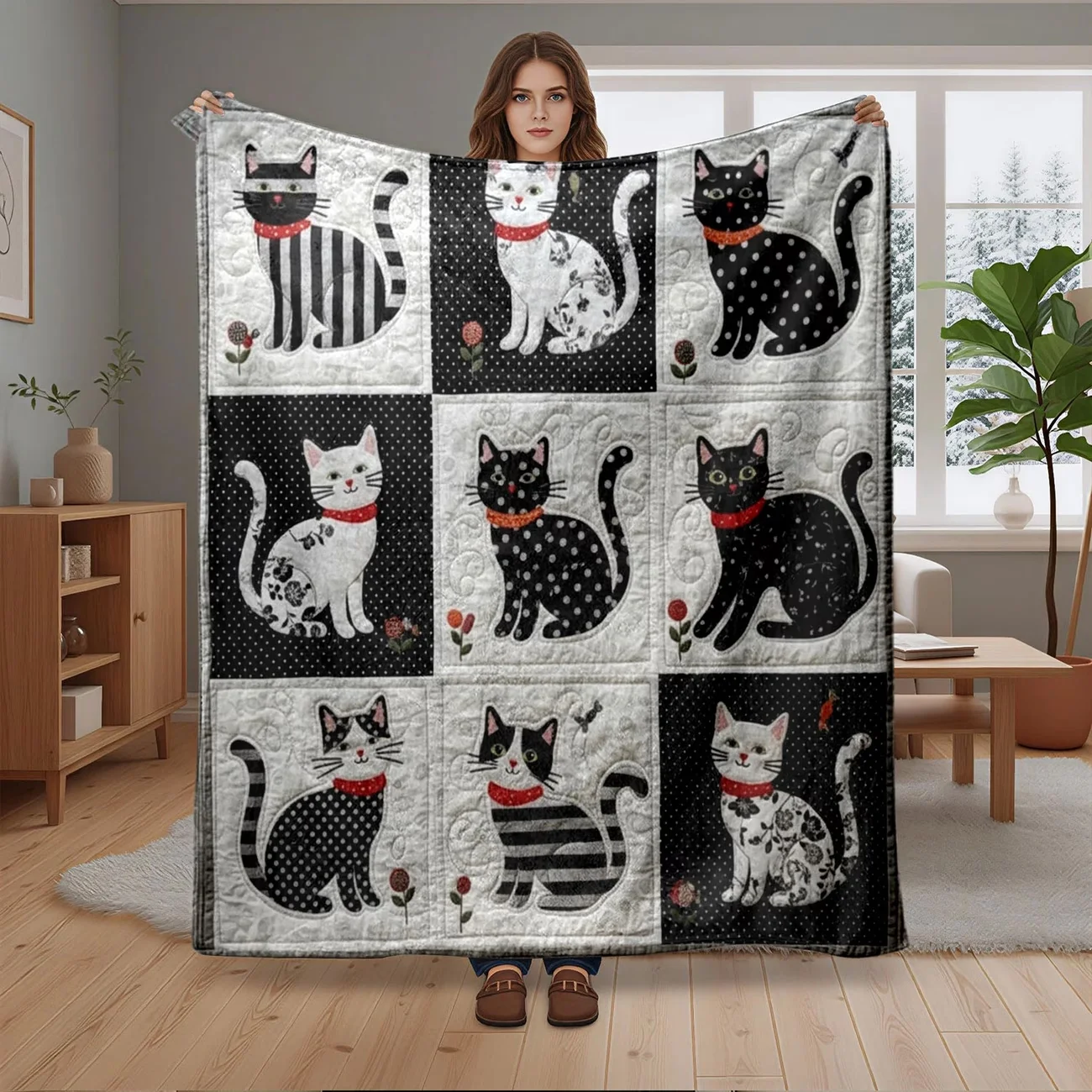 Schwarz-weiße gepunktete und gestreifte Katzen-Decke, niedliche Kätzchen-Bettwäsche für Couch, Sofa, Reisen, Camping, ganzjähriges Geschenk für Katzenliebhaber