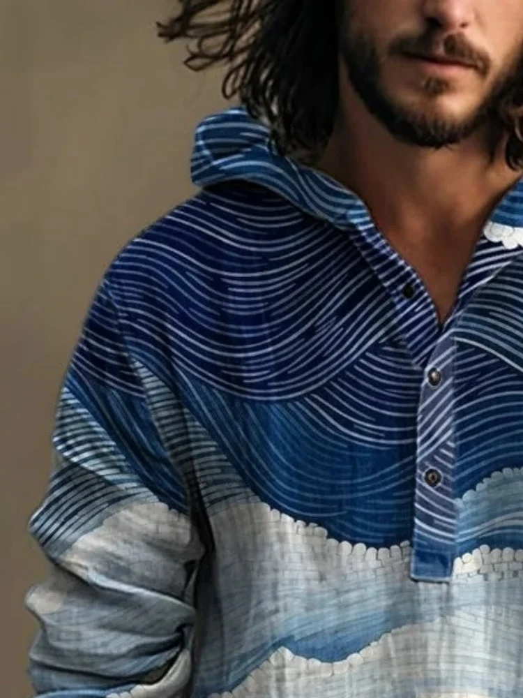 Vintage Japanese Art Sea Wave Printed Hooded Shirt 2026 Fashion New Autumn Buttons Harajuku Blouse Casual Loose Tunics Males