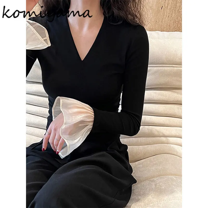 Contrast Flare Long Sleeve Ropa Mujer Feminino Sexy V-neck Roupas Bottomed Tops Spring 2024 Clothes Women Elegant Camisetas