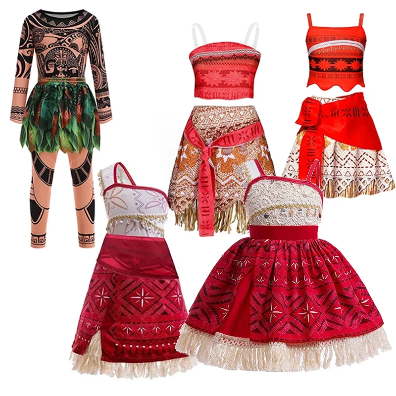 Girls Pacific Tribal Girl Two Piece Cosplay Set Long Sleeve Tattoo Print Fringe Skirt Kids Outfit for Theme Party Dress-Up