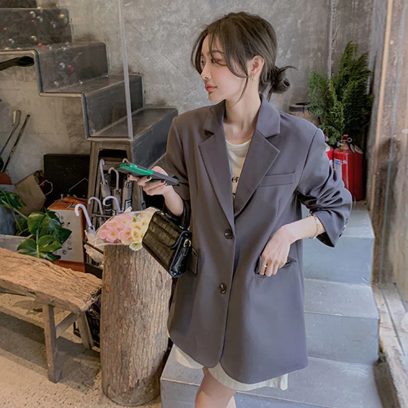 Koreancasual Suit Jacket For Women Long Sleeve Gray Solid Color Blazer Outerwear 2024 Spring Autumn Ladies Single Button Blazer