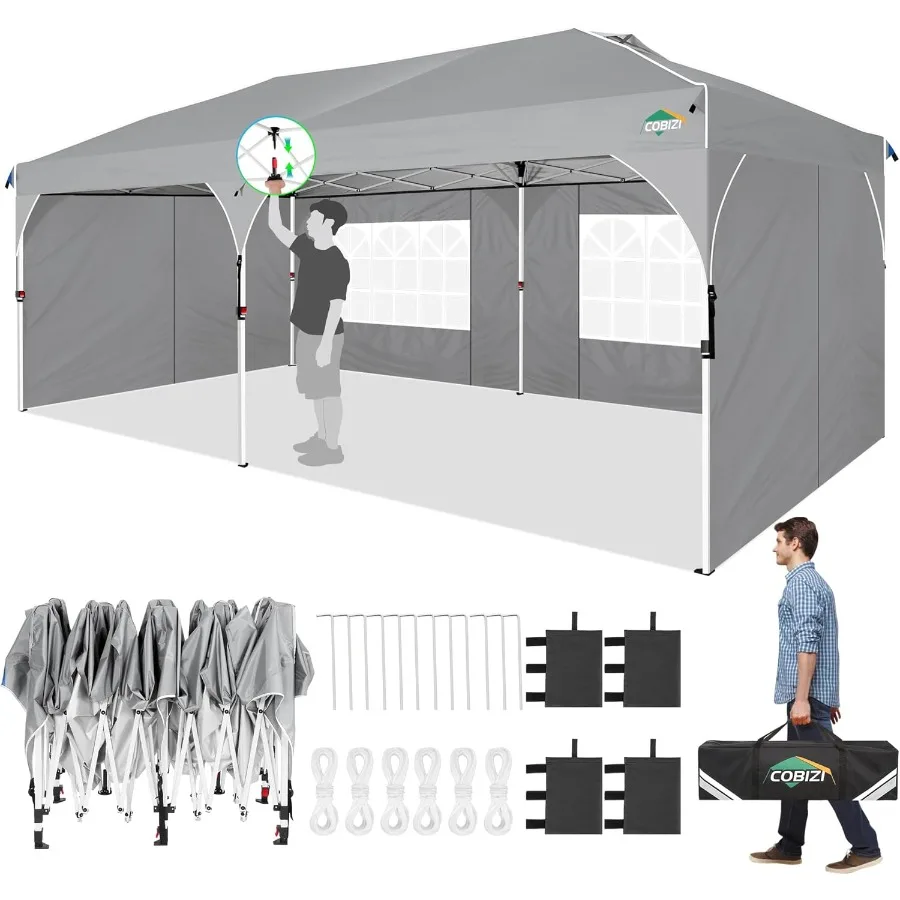 Tienda de campaña con dosel emergente de 10x20 con tecnología de bloqueo central patentado para montaje rápido Paredes laterales reflectantes y desmontables UV 210D Wat