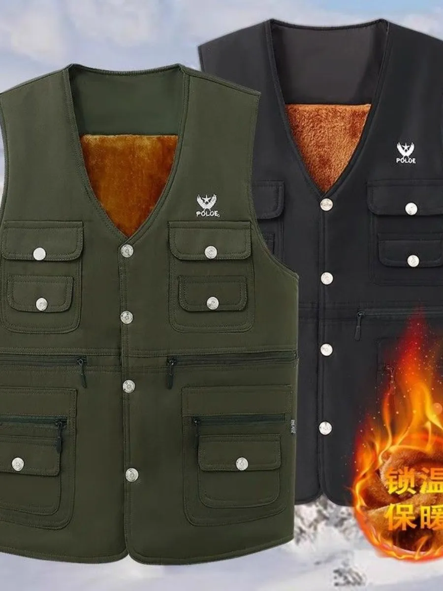 

Мужская жилетка Thiened Fce: теплая хлопковая куртка на осень-зиму с множеством карманов для мужчин среднего возраста, без рукавов