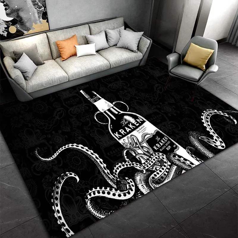 Alfombras con patrón negro Kraken de ron especiado, alfombrillas de juego para dormitorio, decoración de dormitorio, alfombra para sala de estar, alfombra para gatear, alfombra de regalo de Navidad
