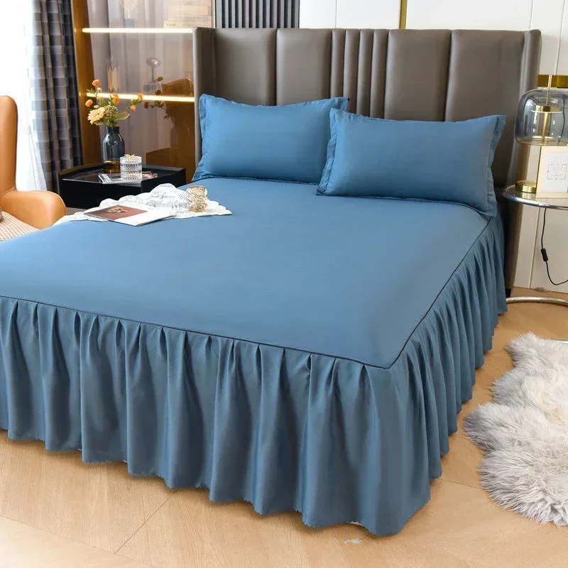 Single piece anti slip solid color bed skirt bed fitted sheet bedcover mattress protection cover bedskirt pillowcase bedding