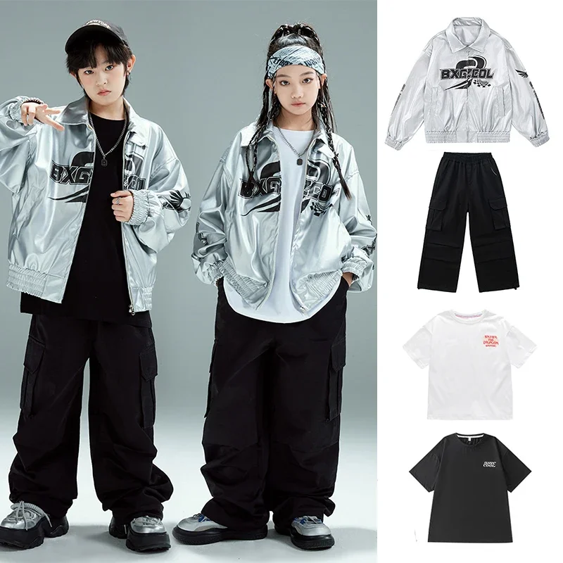 

Silvery Girls Hip Hop Dancing Performance Outfits Childrens Street Kpop Stage Show Set Boys Jazz Dance Costume Coat Pants XH1329