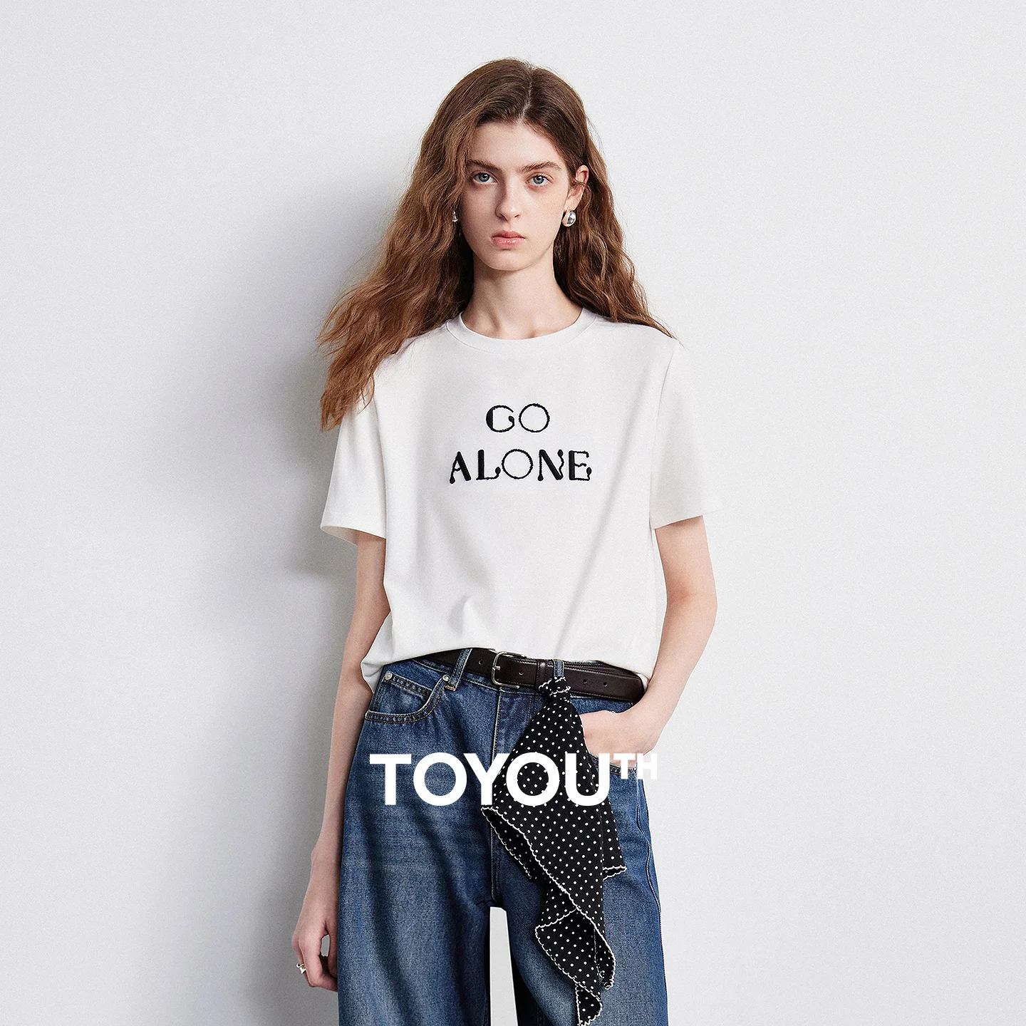 TOYOUTH Women T-shirt 2026 Summer New Cotton Round Neck Loose Feeling Three-dimensional Letter Embroidery Simple Top