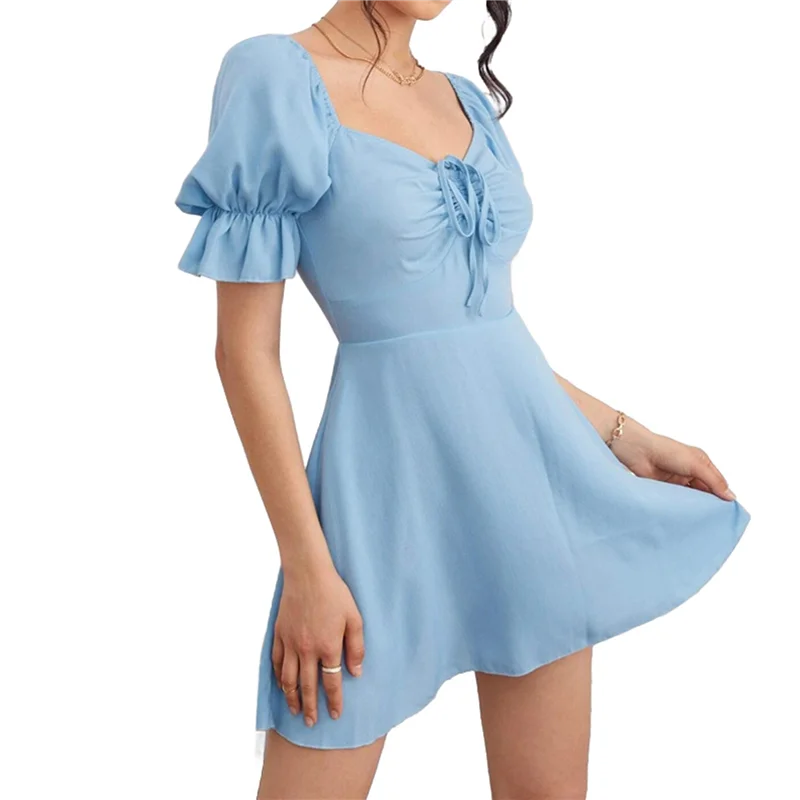 

CYL-Women's Summer Drawstring Sweetheart Neck Puff Sleeve A Line Short Dress