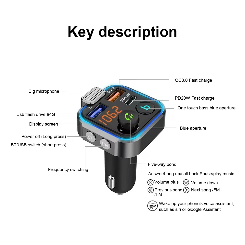자동차 Mp3 블루투스 수신기 플레이어 FM 송신기 Type-C PD 20W QC3.0 고속 충전기 핸즈프리 지원 USB 메모리 스틱 어댑터
