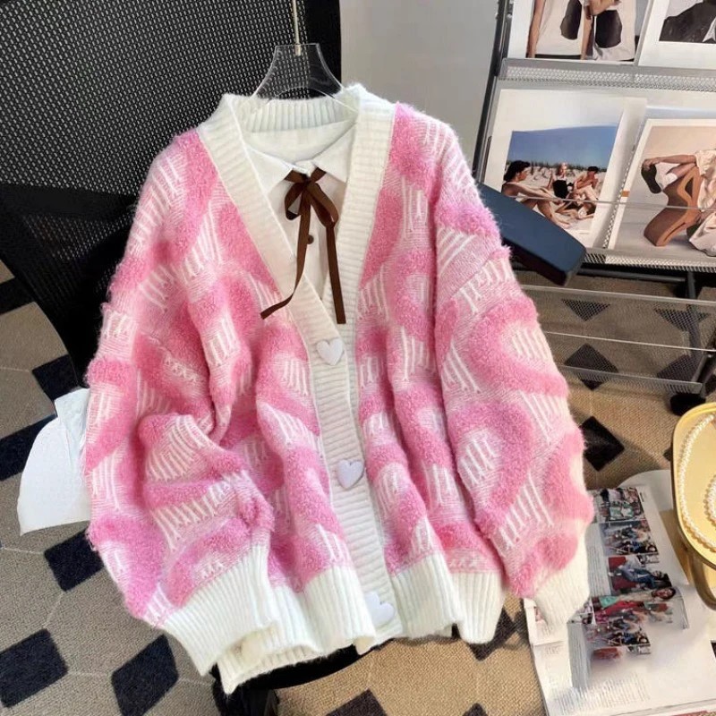 Oversized Sweet Knit Coats Cardigan Heart Flocking Single Breasted Loose Sweaters Preppy Style Autumn Winter Y2k Women Clothing