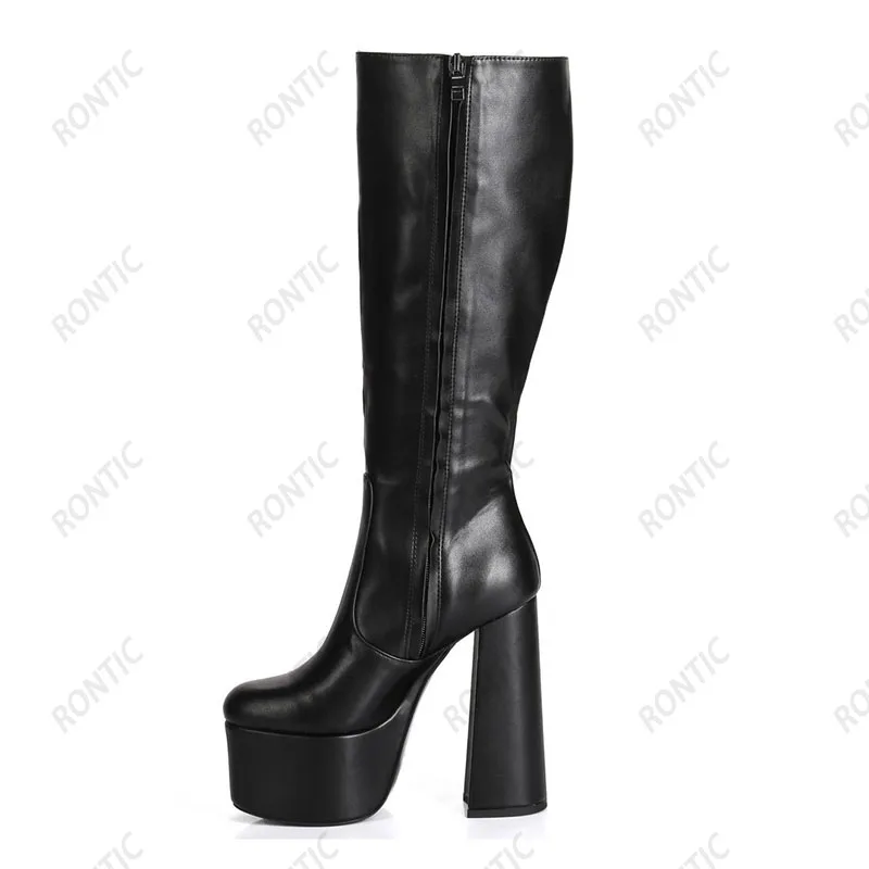 Rontic Women Platform Knee Boots Faux Leather Side Zipper Chunky Heels Round Toe Elegant Black Party Shoes US Size 5-15