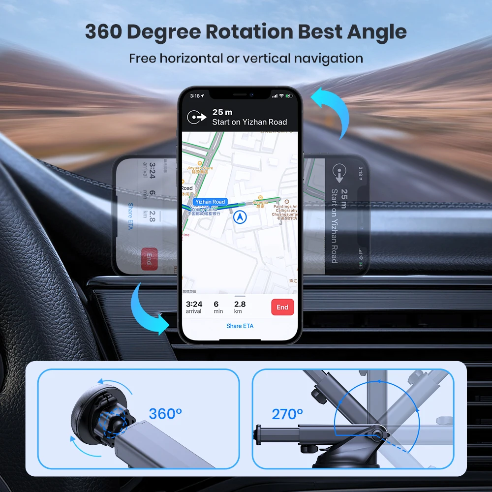 TOPK Magnetic Car Phone Holder Car Mount for Windshield and Dashboard,[Strong Suction] Adjustable Long Arm for Cellphones