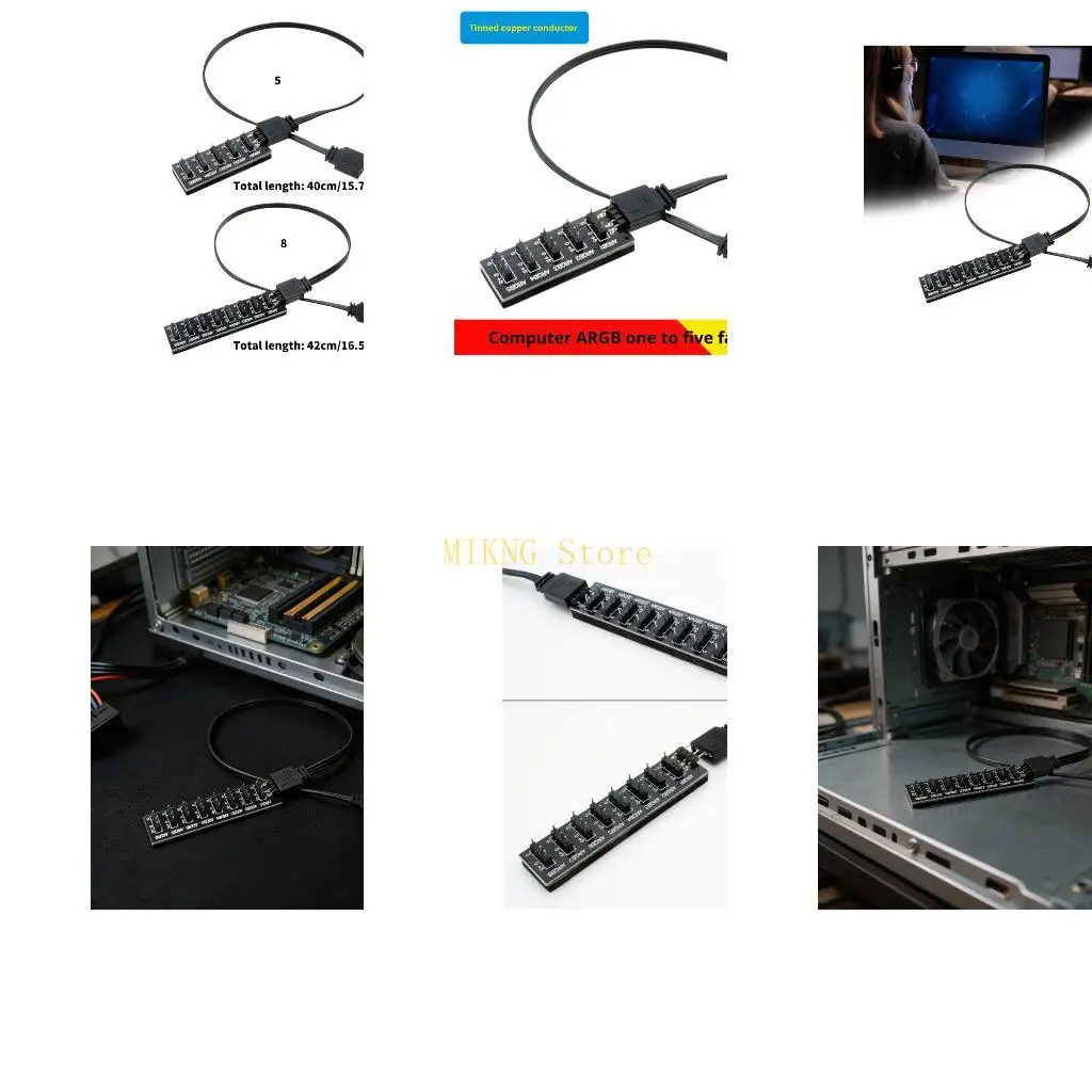 Effortless ARGB Customization 1 to 5/8 Port Addressable Color Hub with 5V 3 Pin Extension Cable Perfectly for Connecting Fan and