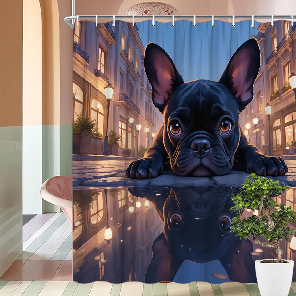 

French Bulldog Puppy Shower Curtain City Street Reflection Art Bathroom Decor Cute Dog Print Waterproof Bath Curtain