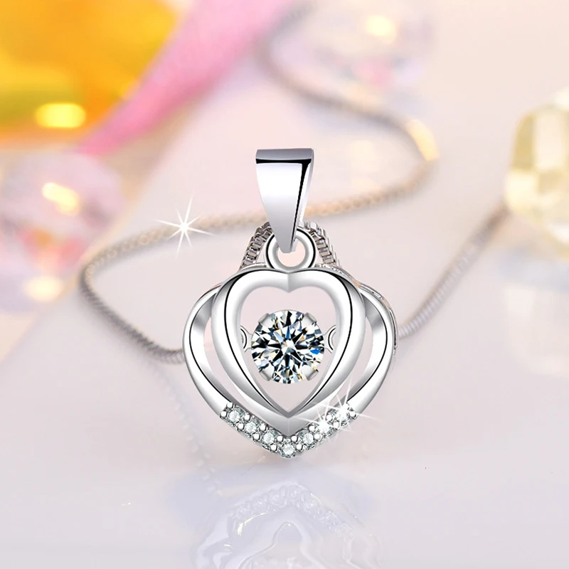 New Fine Heart Pendant Necklaces 925 Sterling Silver Women Jewelry Fashion Rotatable Will Dance Rhinestone Choker Birthday Gift