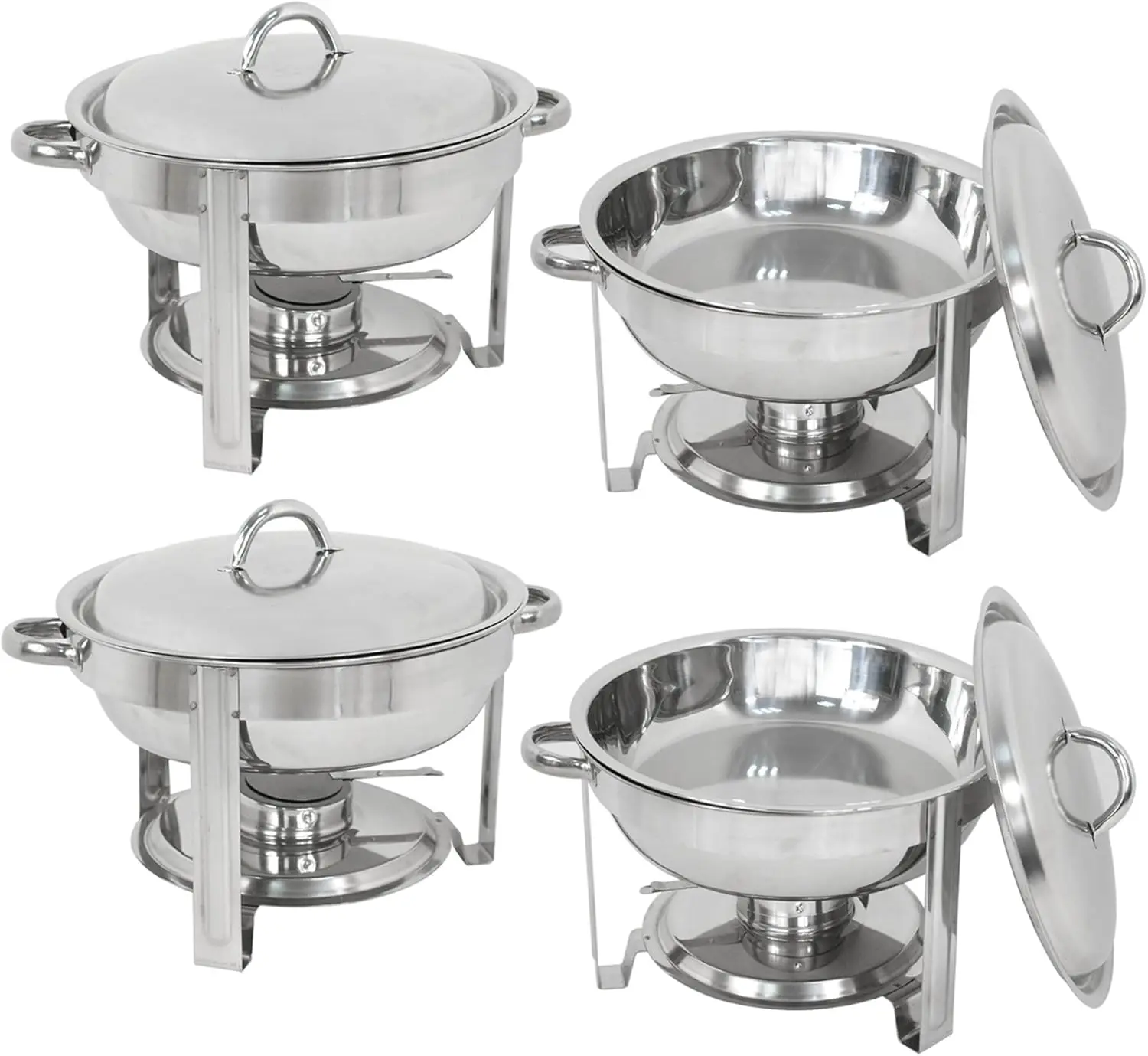 F2C 4 Pack of Stainless Steel Round Chafing Dish Buffet Set Chafer Warmer Set with Trays Pan Lid Folding Frame Stand for Kitchen