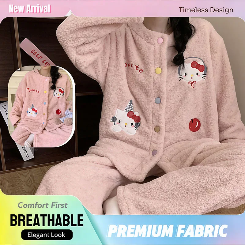 

Новый зимний женский утепленный комплект пижам Sanrio Hello Kitty с принтом яблок, из флиса шерпа, на флисовой подкладке, утолщенный, уютный и теплый, для дома и отдыха