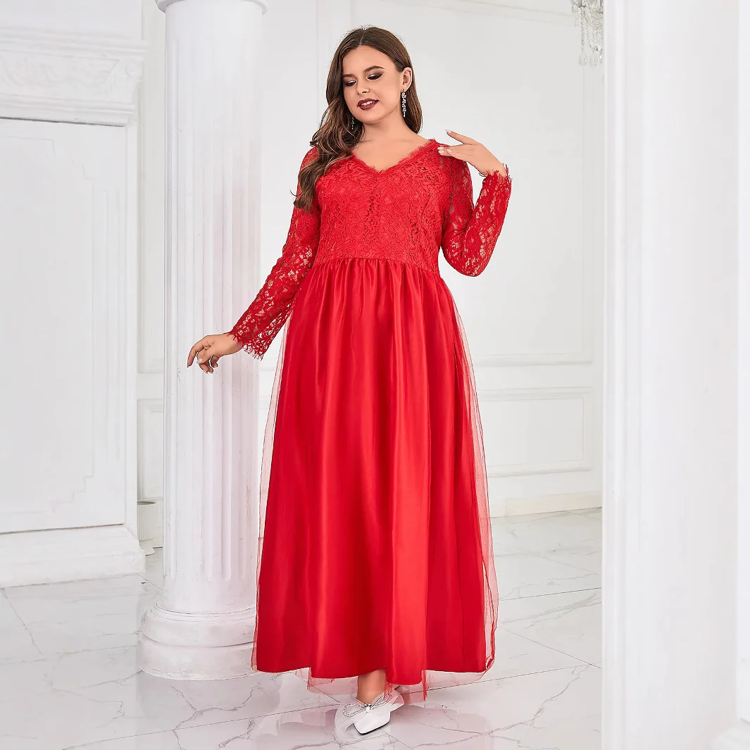 

Large Size Standard Dress New Women's Mesh Lace Long Sleeved Wedding Dress Evening Gown Long Skirt Summer Elegantes Casual Y2k