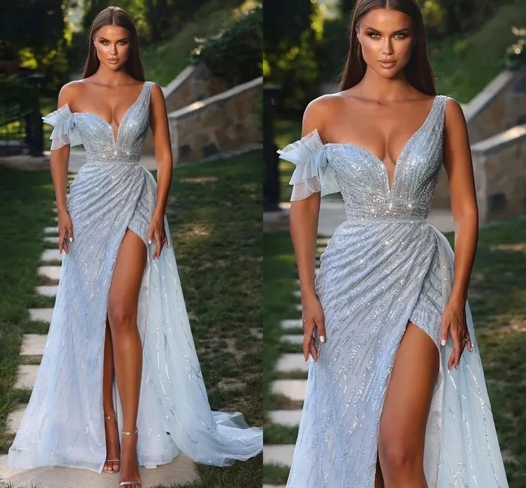 Luxury Sexy Evening Pageant Dress One Shoulder Mermaid Open Split Beads Sequins Prom Dress Vestidos De Gala Robe De Soiree