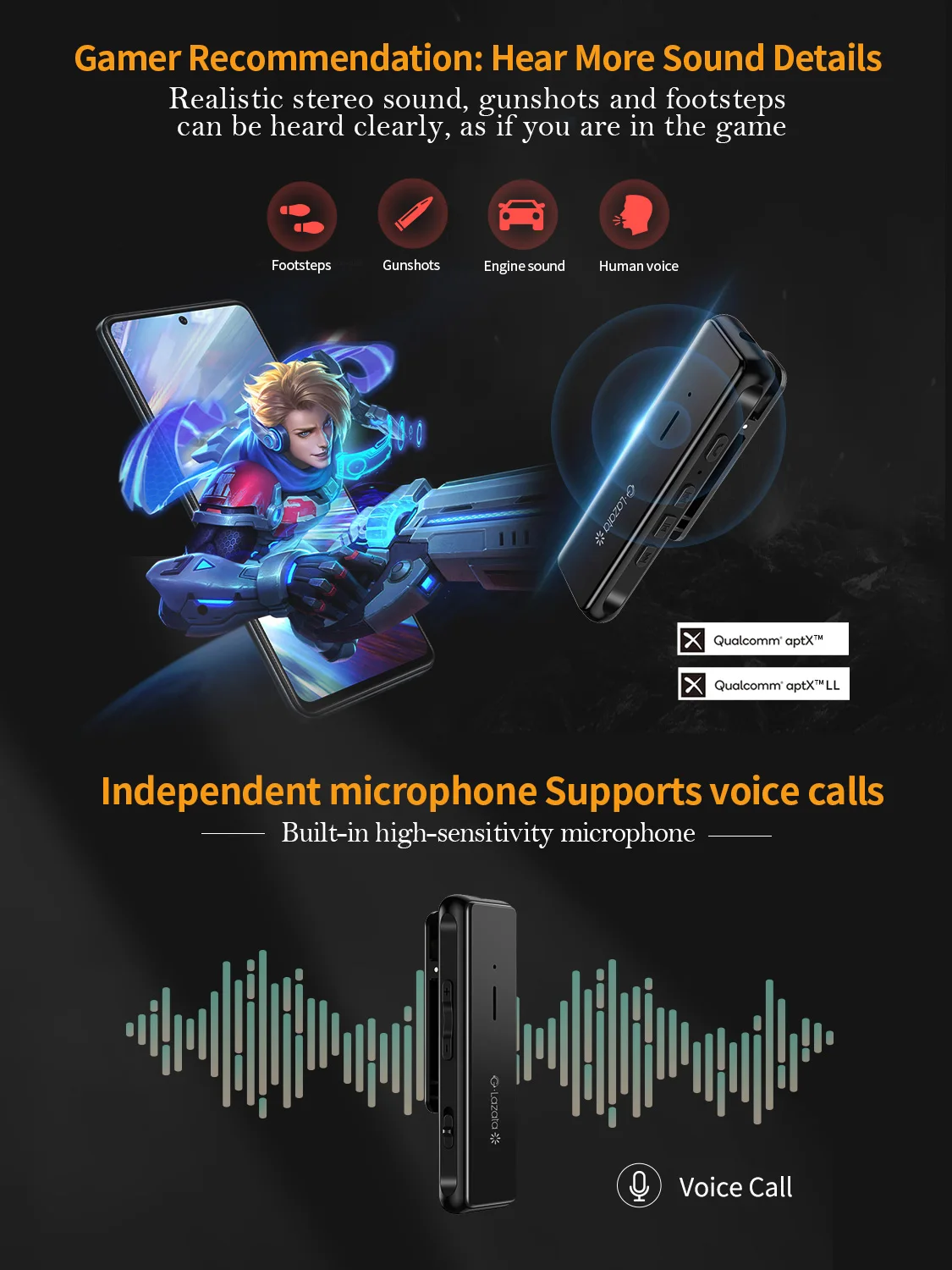 Glazata Bluetooth 5.1 Audio Receiver Portable Wireless Adapter 3.5mm AUX APTX APTX-LL Low Latency For Game Music Live Streaming