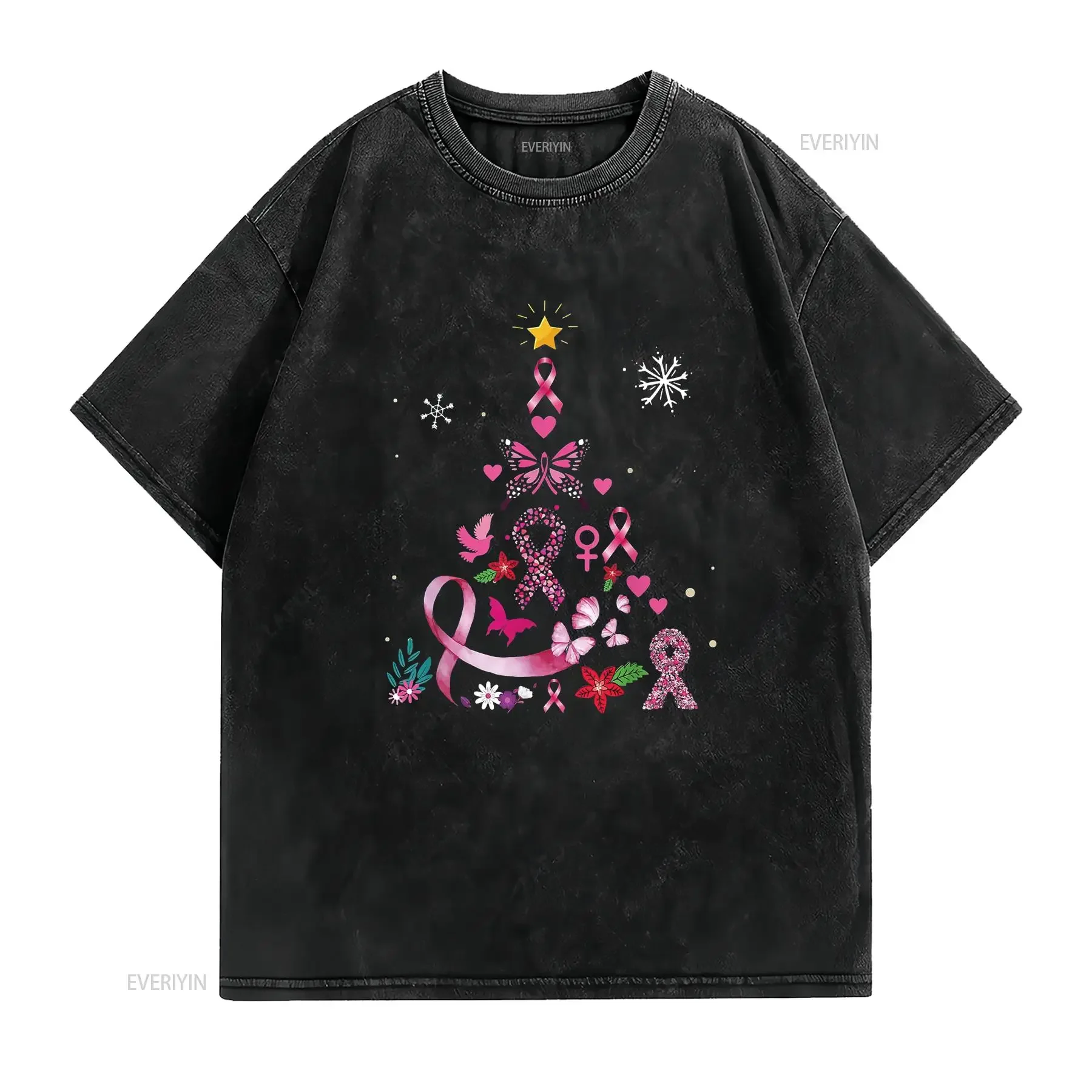 Womens Breast Cancer Awareness Christmas Tree Xmas T Shirt Black 2X Large vintage Washed Soft Casual homme Comfortable