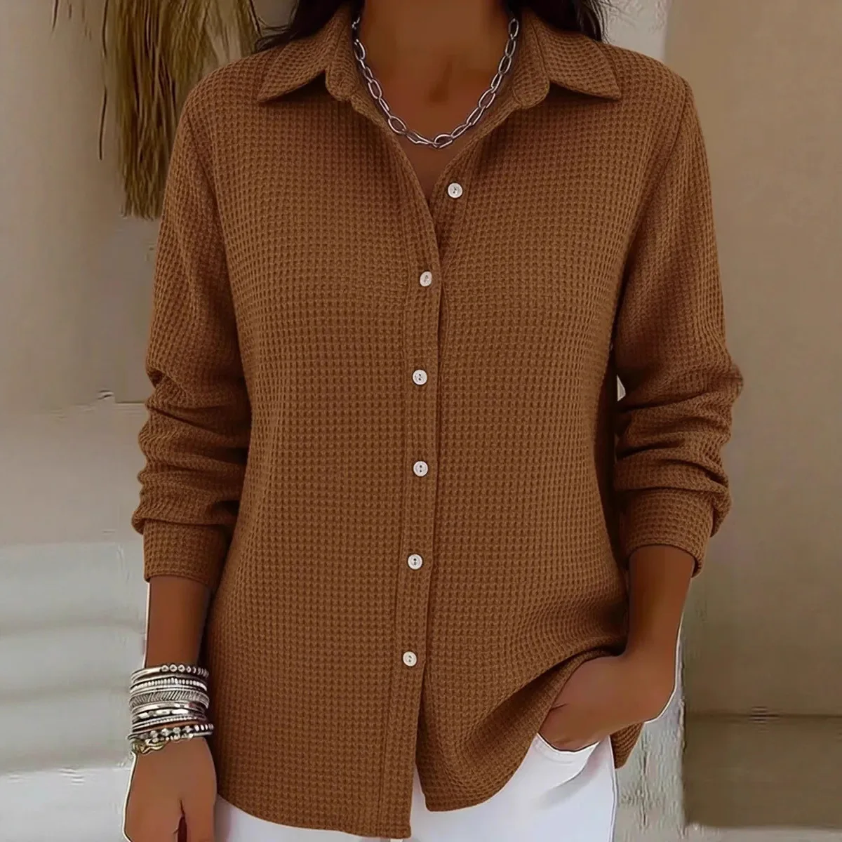 2026 جديد زر على الموضة سترة مشغولة من الصوف المرأة الربيع عادية فضفاض بلون التلبيب المنزل معطف بأكمام طويلة للنساء