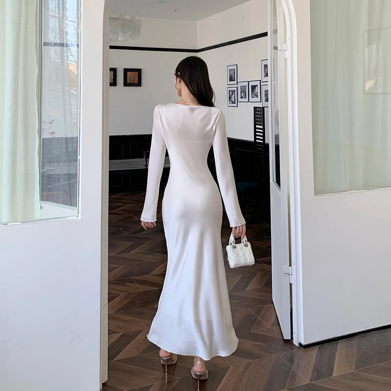 Temperament Autumn Satin White One Piece Long Dress New Elegant Women V Neck Slim Waist Full Sleeve Bodycon Party Clothes Robe