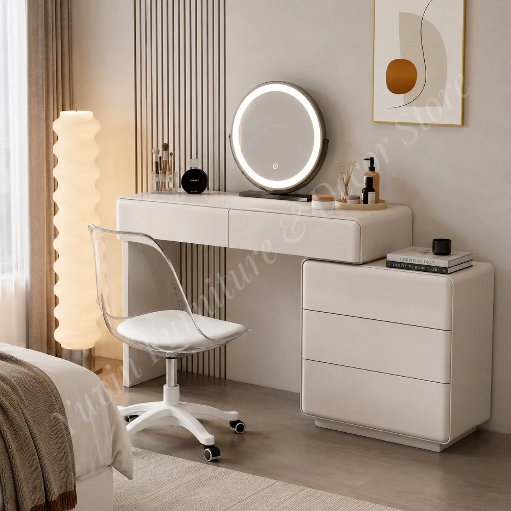 Wholesale Modern Bedroom Dressing Table Set with Reversible Cabinet LED Lighted Mirror Stool Storage for Bathroom/Dining