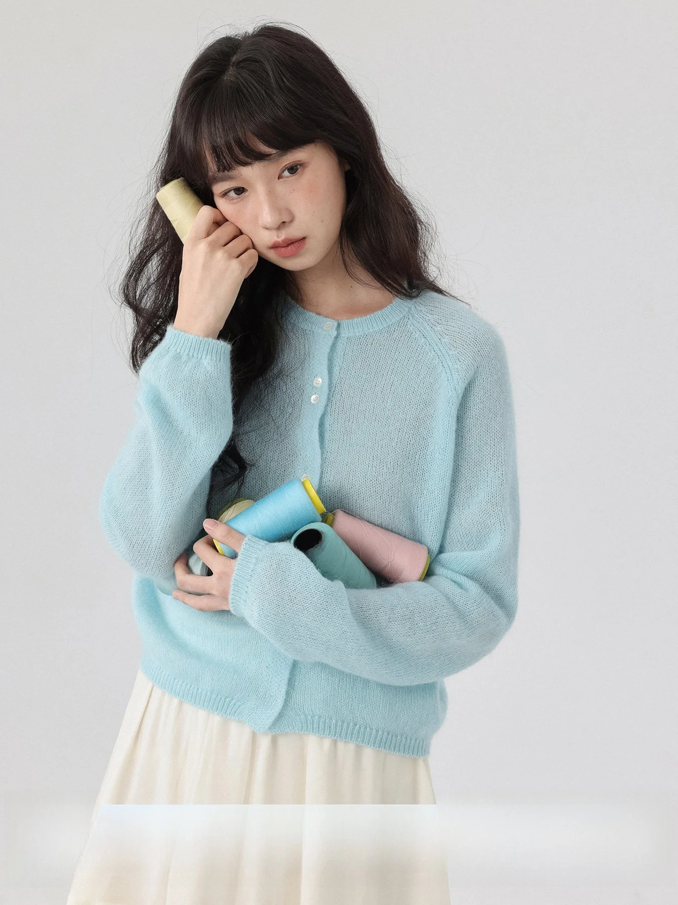 

Mint Island Double Buttoned Women's Knitted Wool Sweater Light Weight Spring Blue Top Soft Long Sleeve round Neck Cardigan