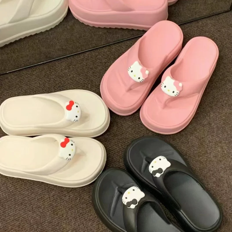 Kawaii Sanrio Hello Kitty Slippers Y2K Women Wedge Flip Flop High Heels Slippers Cartoon Outdoor Anti-Slip Beach Platform Shoes