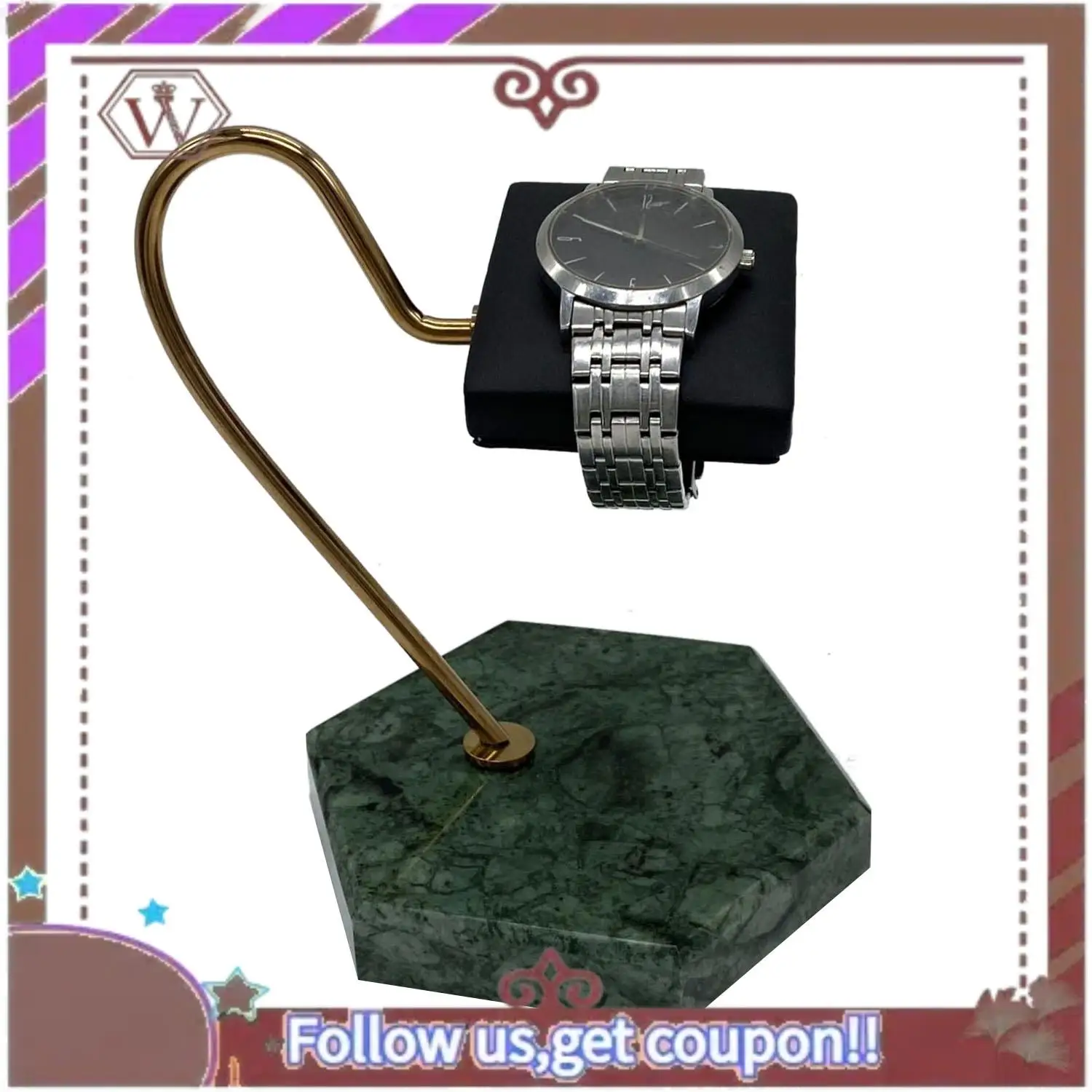 

(Новинка)-подставка для часов, основание из зеленого натурального мрамора, золотой металлический опорный стержень, кронштейн из искусственной кожи, подставка для хранения часов