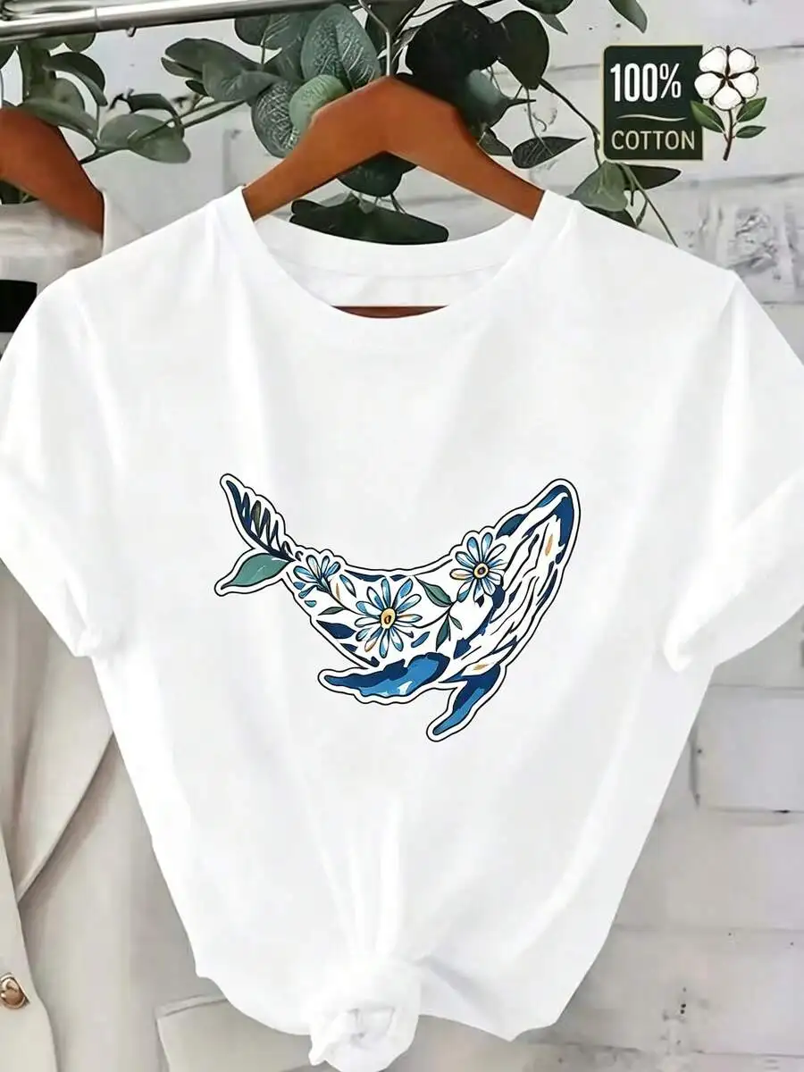Women's Summer Crew Neck Short Sleeve T-Shirt, 100% Cotton Casual Daily Wear Top With Whale Floral Graphic Print, Soft Breathable Fabric, Great Gift For Ocean & Flower Lovers