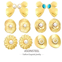 ASONSTEEL Retro Elegant Stainless Steel Stud Earrings For Women Girl Gold Plated Waterproof Imitation Pearl Texture Jewelry Gift