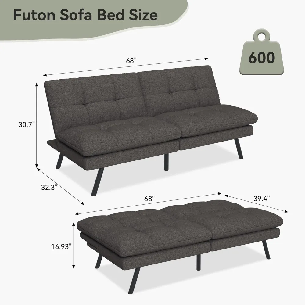 Memory Foam Linen Convertible Futon Sofa Bed, Adjustable Folding Futon Loveseat Sleeper Couch for Living Room,RV,Office,Apartme