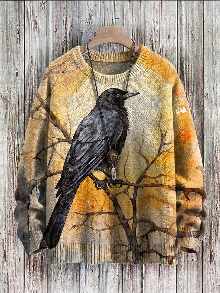 

Halloween Crow Branch Moon Print Casual Knit Pullover Sweater Men's For Women's Pullover