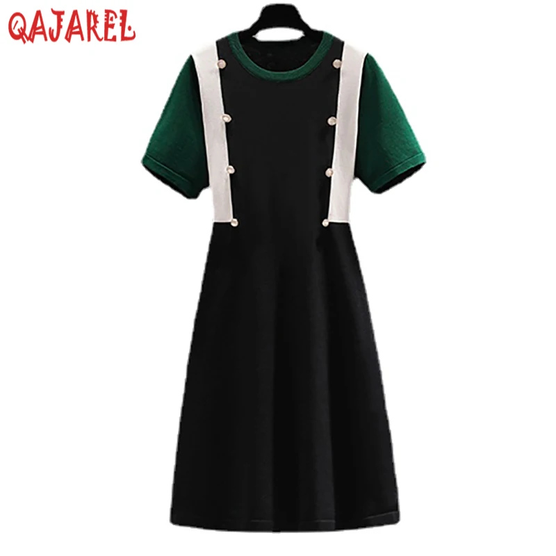 Summer Black Knitted Cotton Patchowrk Midi Dress Women Short Sleeve Elegant Casual Dress 2024 Korean Vintage Hepburn Party Dress