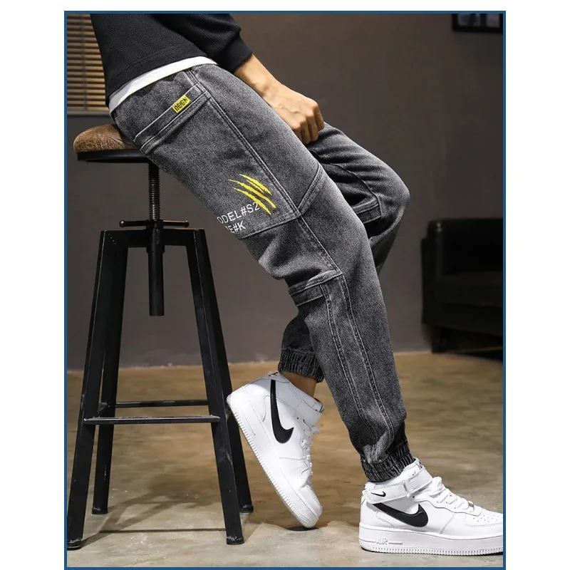 Jeans Men Hip Hop Sweatpants Casual Streetwear Cargo Jeans Harajuku Elastic Waist Trouser Men Clothing Korean Fashion Black Blue