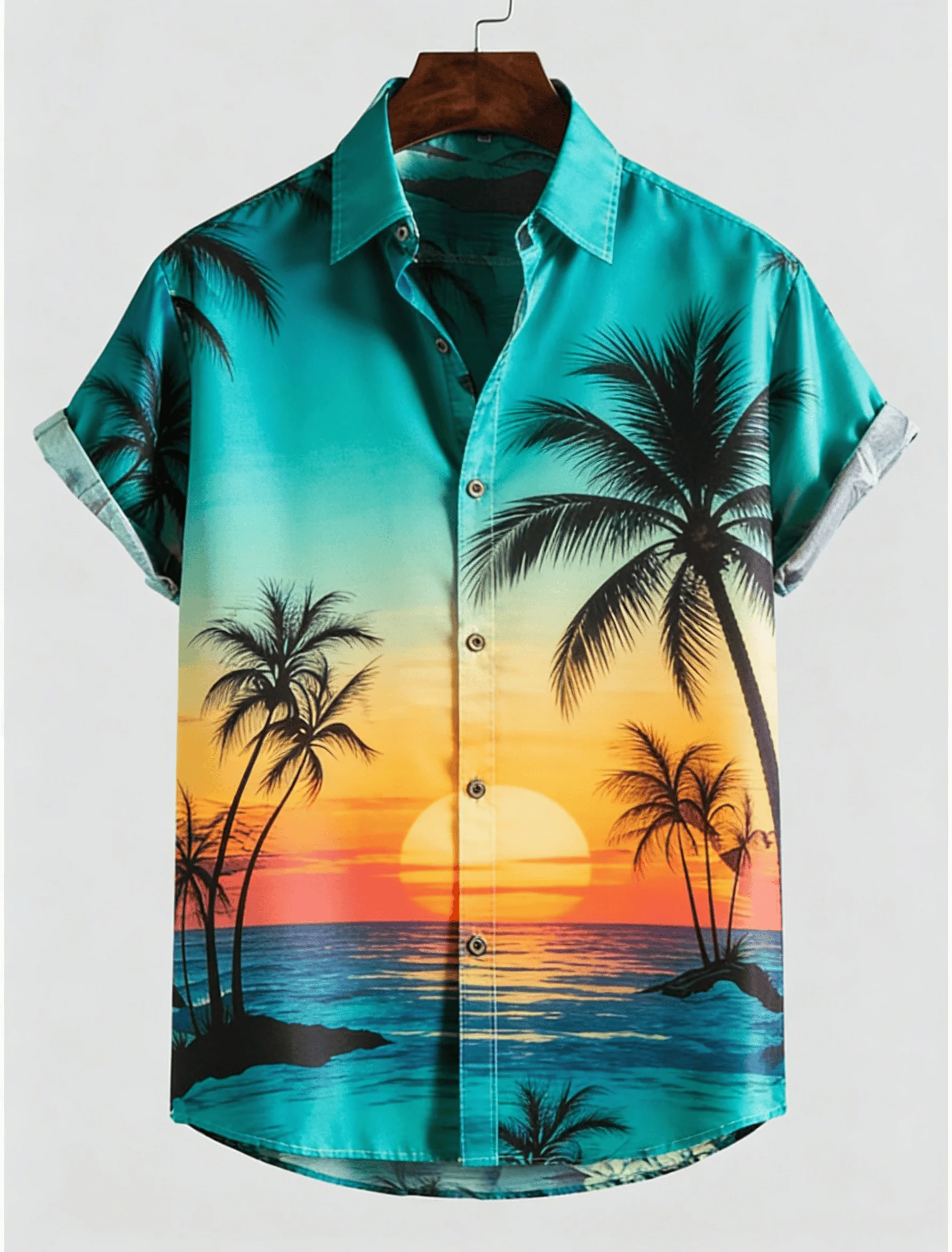 

Men's Beach Sunset Coconut Tree Print Short Sleeve Shirt, Spring Summer Hawaiian Vacation Casual Top, Pocket Lapel Style