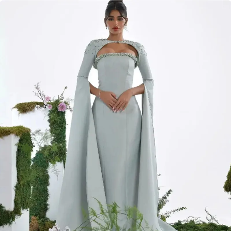 Aleeshuo Modern Straight Satin Prom Dress Long Sleeve Party Dresses Beading Gowns Strapless Party Dress Ankle-Length вечерние пл