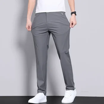 Ultra-thin Elastic Men's Casual Trousers Summer Quick-drying Ice Silk Slim Straight Business Solid Color Trousers Black Gray 4 Ultra-thin Elastic Men's Casual Trousers Summer Quick-drying Ice Silk Slim Straight Business Solid Color Trousers Black Gray 4
