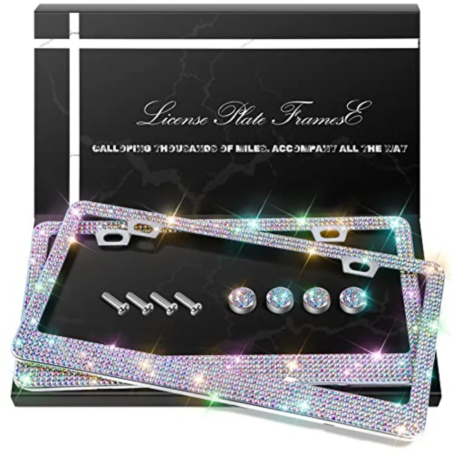 

2 Pack Bling License Plate Frames, Sparkly Rhinestone Diamond Car License Plate Cover for Women, Stainless Steel Car Accessorie