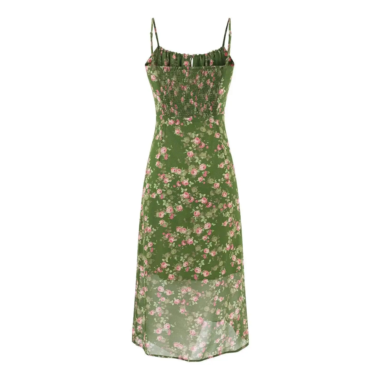 夏の花柄グリーンシフォンドレス女性スパゲッティストラップミディドレス