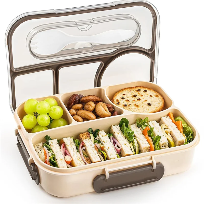 AT63-Bento Box للبالغين، حاوية غداء مقاومة للسقوط مكونة من 4 أقسام، صندوق غداء للأطفال، آمن للاستخدام في غسالة الأطباق مع أواني
