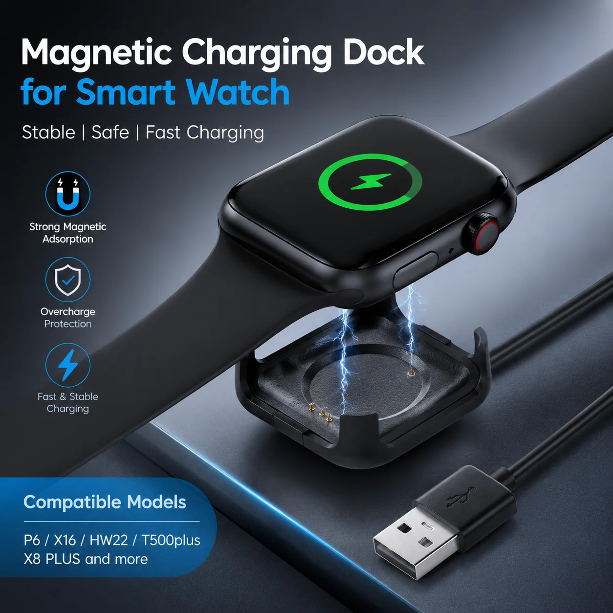 Magnetic Smart Watch Charger 4.0mm USB Charging Cable Dock For P6/X16/HW22/T500 Plus/X8 Plus Smartwatch Replacement Charger Tool