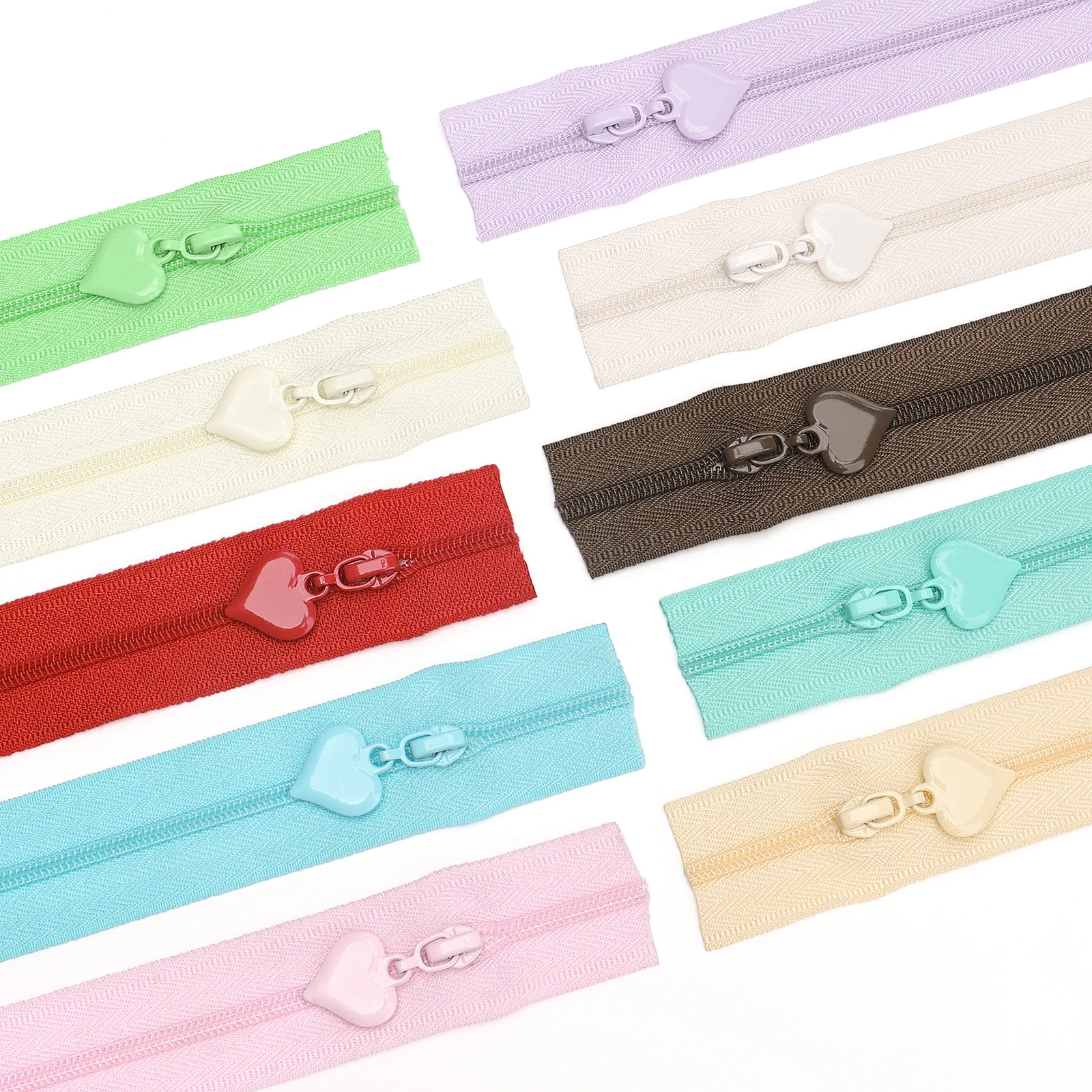 【#3 Nylon Zipper & Solid Heart Zipper Pull Set】1 set = 5 yards (177.16 inches) of #3 nylon zipper + 10 solid heart zipper pulls